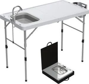Allpop Folding Fish Cleaning Table with Foldable Sink, 50'' Portable Folding Camping Fish Station with Foldable Faucet, Drainage Hose, Sprayer, Storage Box, Grooves & Carry Bag for Picnic, White