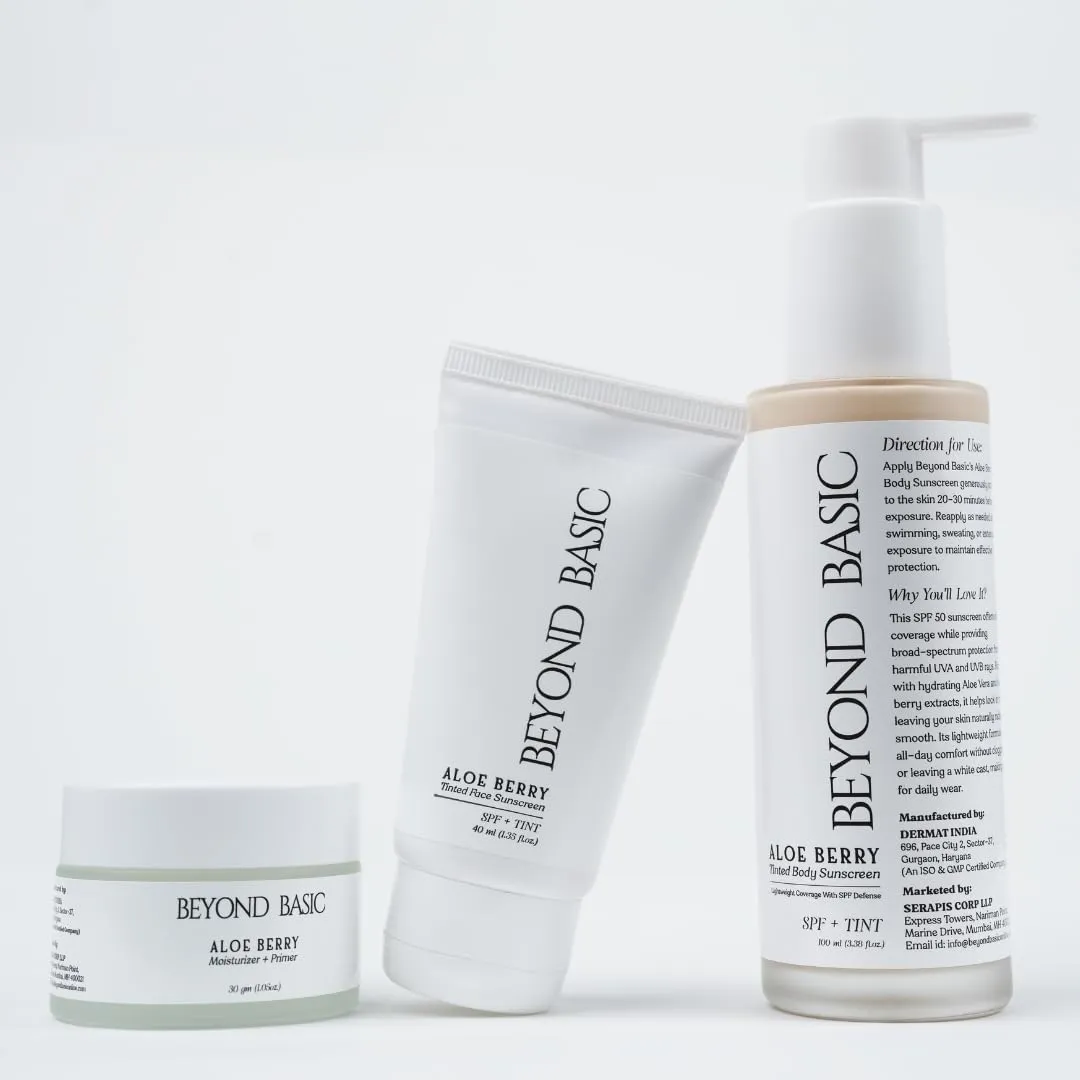 Aloe Glow & Protect Trio, SPF 50 Tinted Sunscreen for Face & Body, Moisturizer   Face Primer, 3-Piece Anti-aging Kit