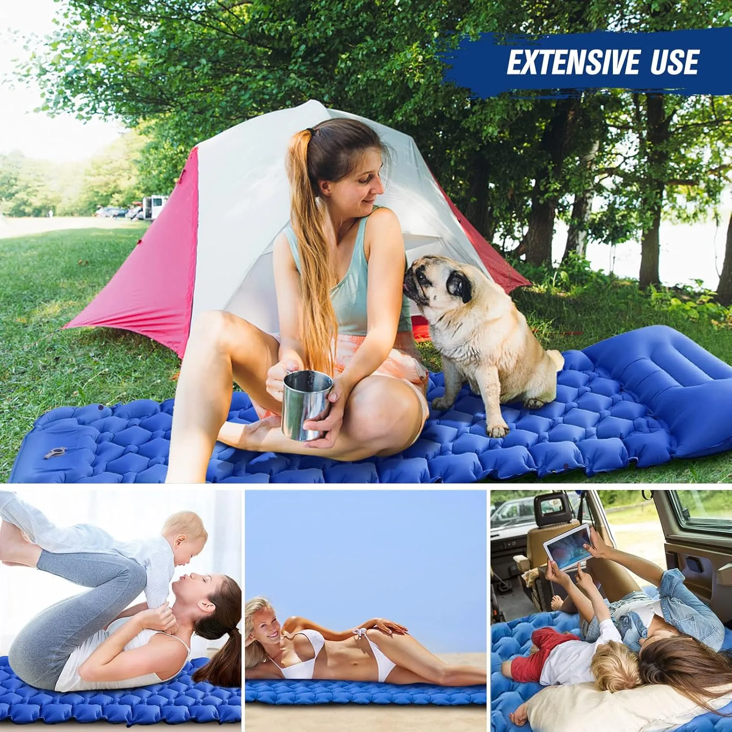 Alomejor Lightweight Camping Mat, Air Mattress with Air Pillow, Backpacking Sleeping Pad, Suitable for Hiking, Camping, Fishing (Blue)