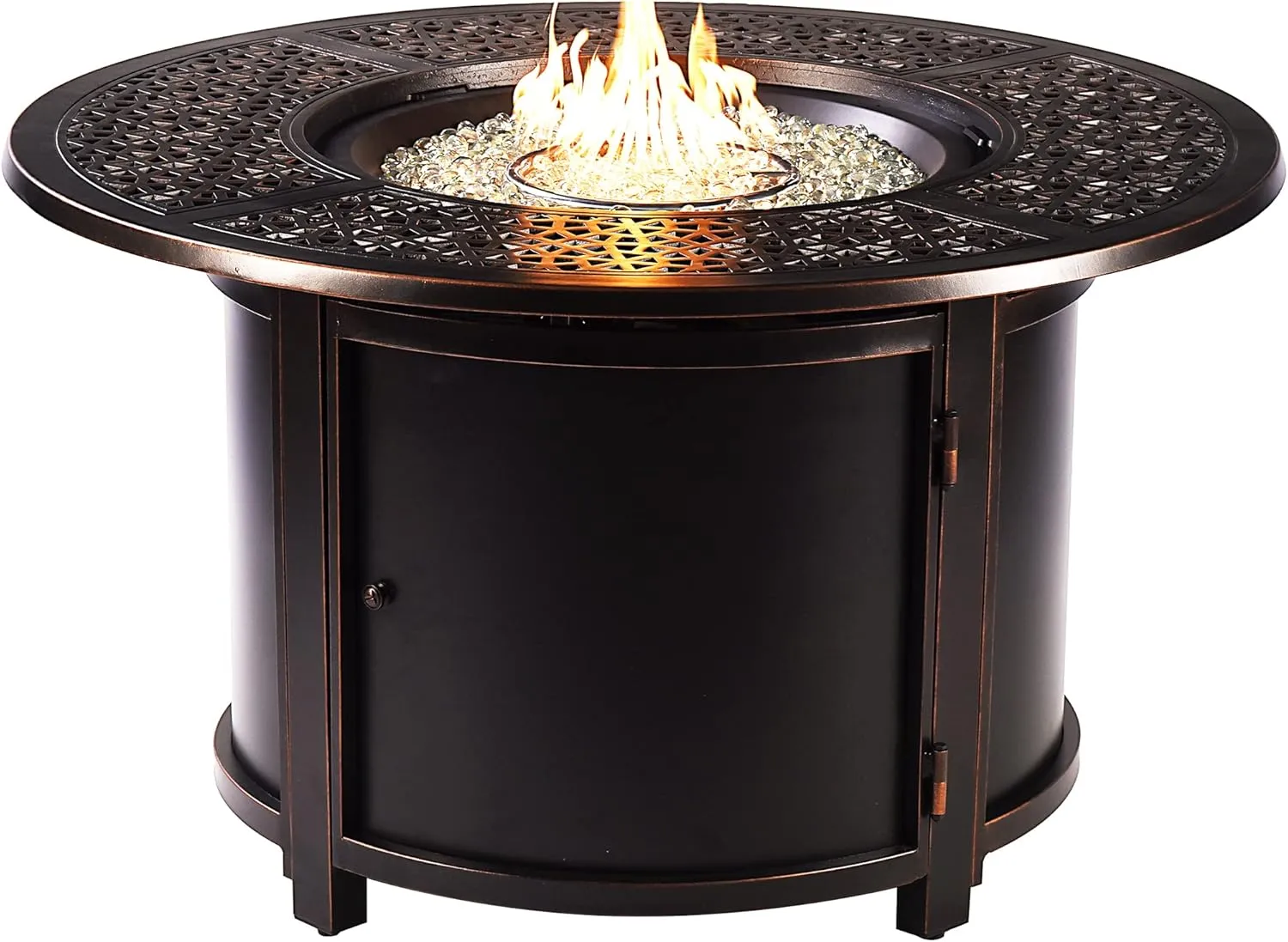 Aluminum 57,0000 BTU 44 in. Round Propane Black Fire Pit Table with Fire Beads, Lid, Propane Tank Cover and Table Fabric Covers in Copper Finish