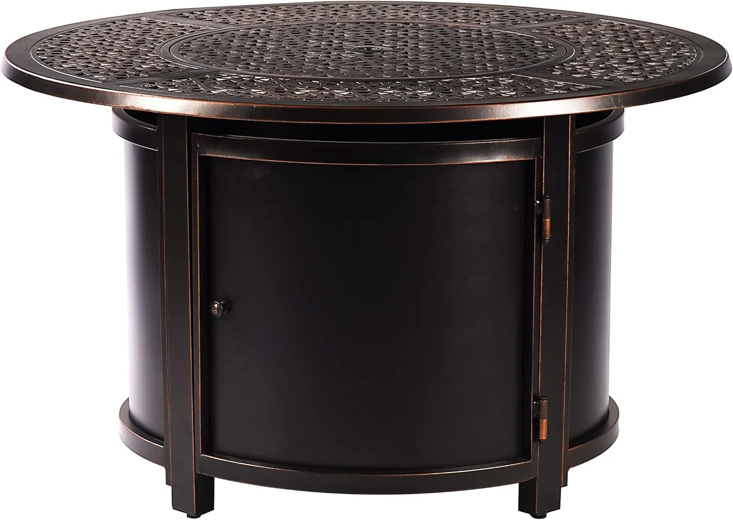 Aluminum 57,0000 BTU 44 in. Round Propane Black Fire Pit Table with Fire Beads, Lid, Propane Tank Cover and Table Fabric Covers in Copper Finish