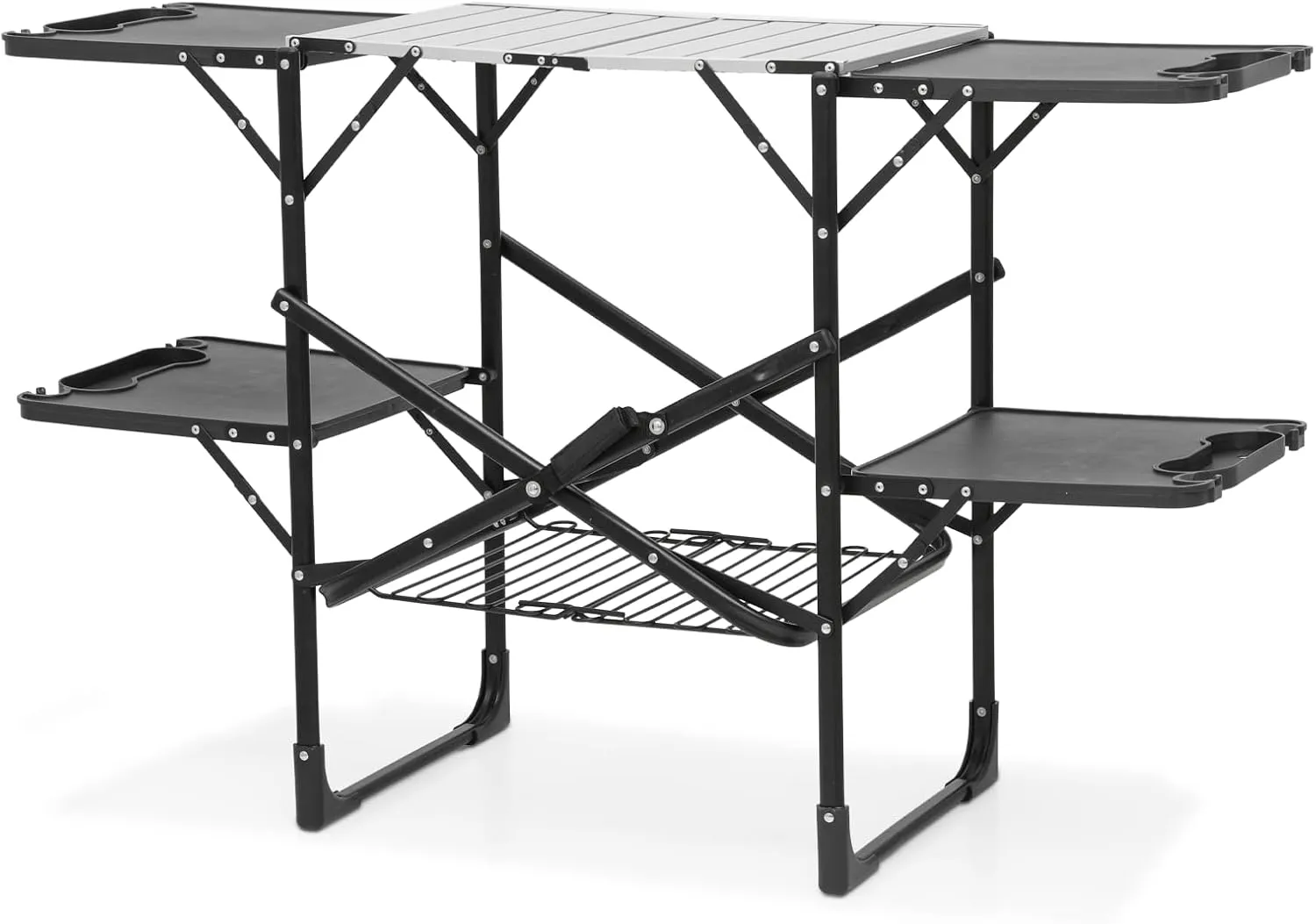 Aluminum Camping Kitchen Table, Portable Folding Food Prep Station with 4 Side Tables & Storage Rack, Easy Install, Perfect for Outdoor Cooking & Grilling
