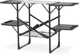 Aluminum Camping Kitchen Table, Portable Folding Food Prep Station with 4 Side Tables & Storage Rack, Easy Install, Perfect for Outdoor Cooking & Grilling