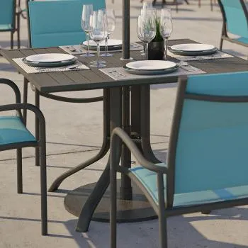 Aluminum Slat 30" Round KD Pedestal Dining Table With Umbrella Hole by Tropitone