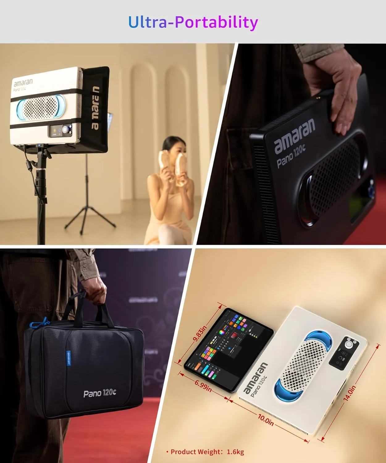 amaran Pano 120c Kit 120W RGBWW LED Panel Video Light APP Control,CCT 2,300K-10,000K Photography Studio Lighting w/Softbox/12 Scenes/Support USB-C PD/for Outdoor Filming Recording Streaming (Charcoal)