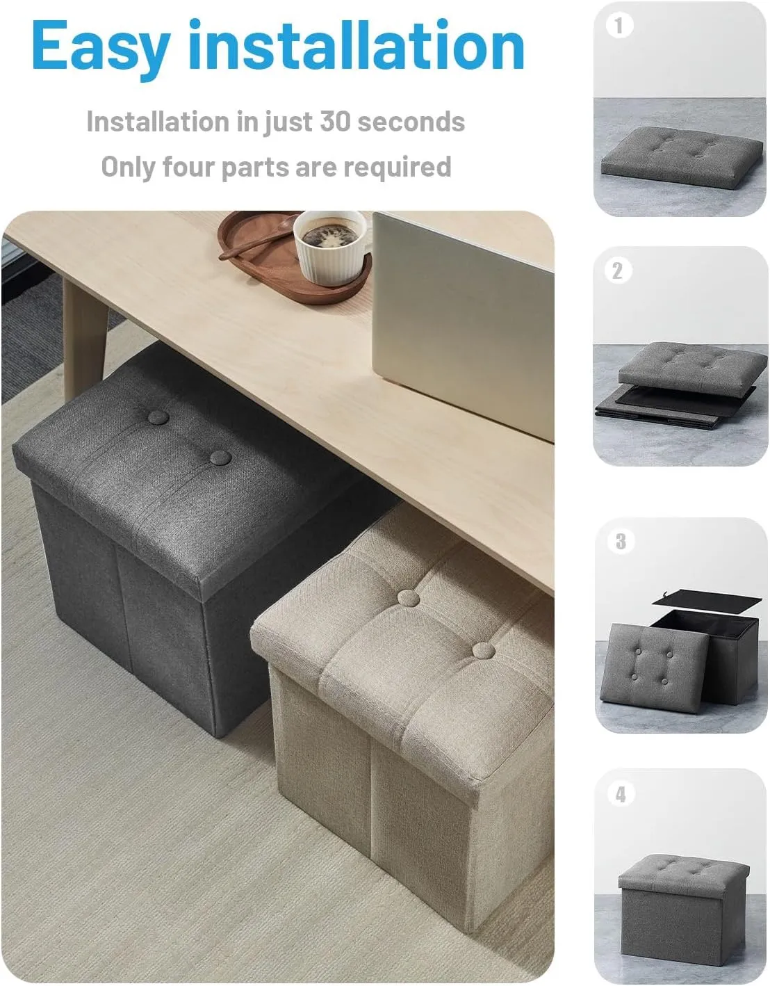 AmasSmile Storage Ottoman Folding Foot Rest Stool, 17 inch Linen Footstool Bench, Short Ottoman Bench, Storage Foot Rest Store, Books, Grey