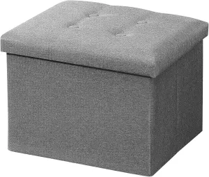 AmasSmile Storage Ottoman Folding Foot Rest Stool, 17 inch Linen Footstool Bench, Short Ottoman Bench, Storage Foot Rest Store, Books, Grey