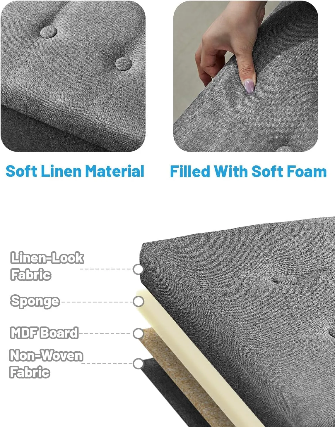AmasSmile Storage Ottoman Folding Foot Rest Stool, 17 inch Linen Footstool Bench, Short Ottoman Bench, Storage Foot Rest Store, Books, Grey
