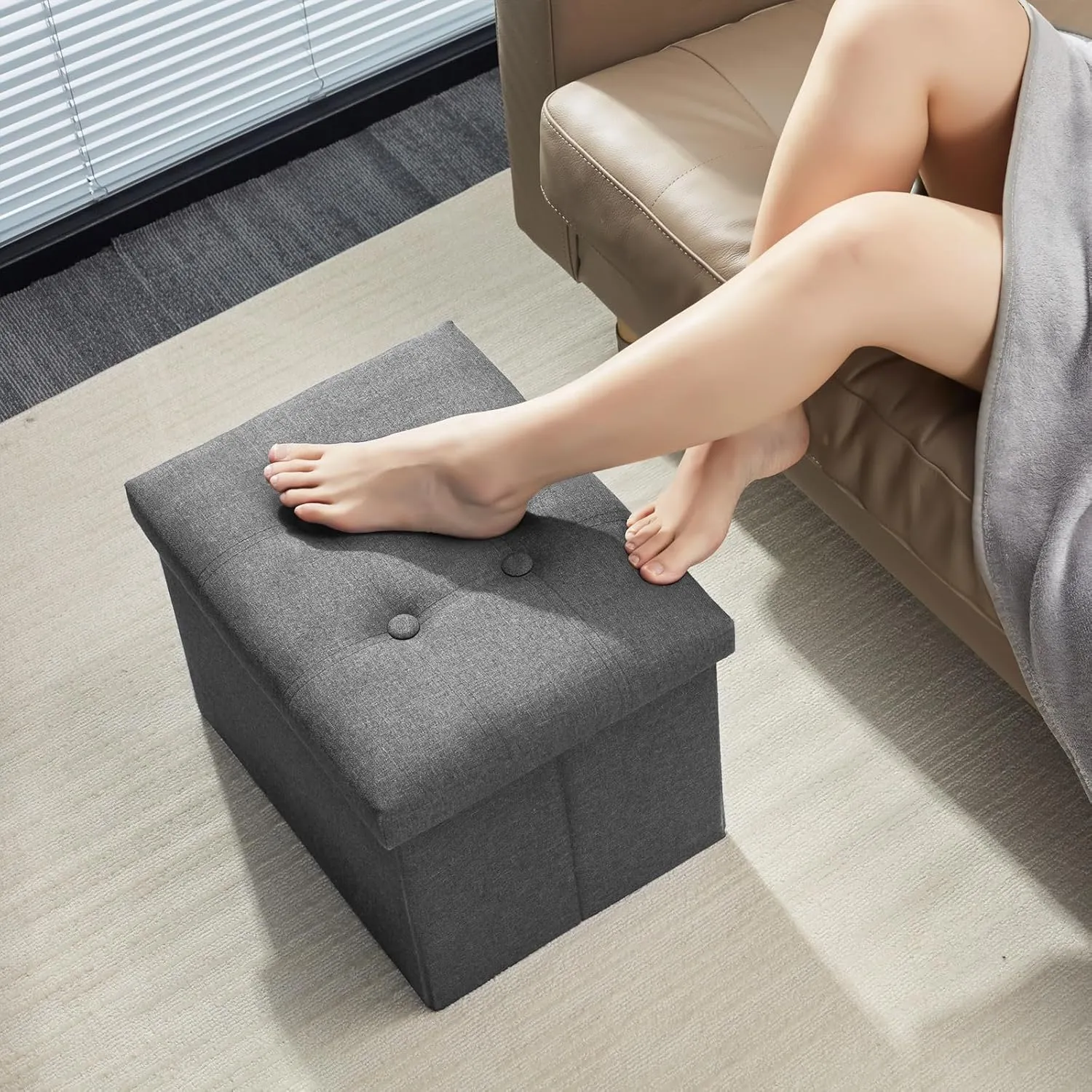 AmasSmile Storage Ottoman Folding Foot Rest Stool, 17 inch Linen Footstool Bench, Short Ottoman Bench, Storage Foot Rest Store, Books, Grey