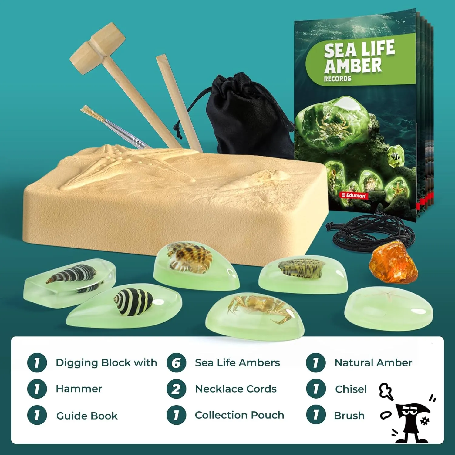 Amber Dig Kit-6 Artificial Sea Life Resin Specimens, Glow in The Dark Oceanlife Fossil Excavation Set, STEM Inspired Educational Toy for Kids Ages 6-12, for Boys & Girls