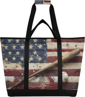 American Flag Baseball Reusable Insulated Cooler Bag with Ice Pack Compartment - Large 47L Waterproof Thermal Grocery Tote for Picnic Beach Camping Lunch Storage