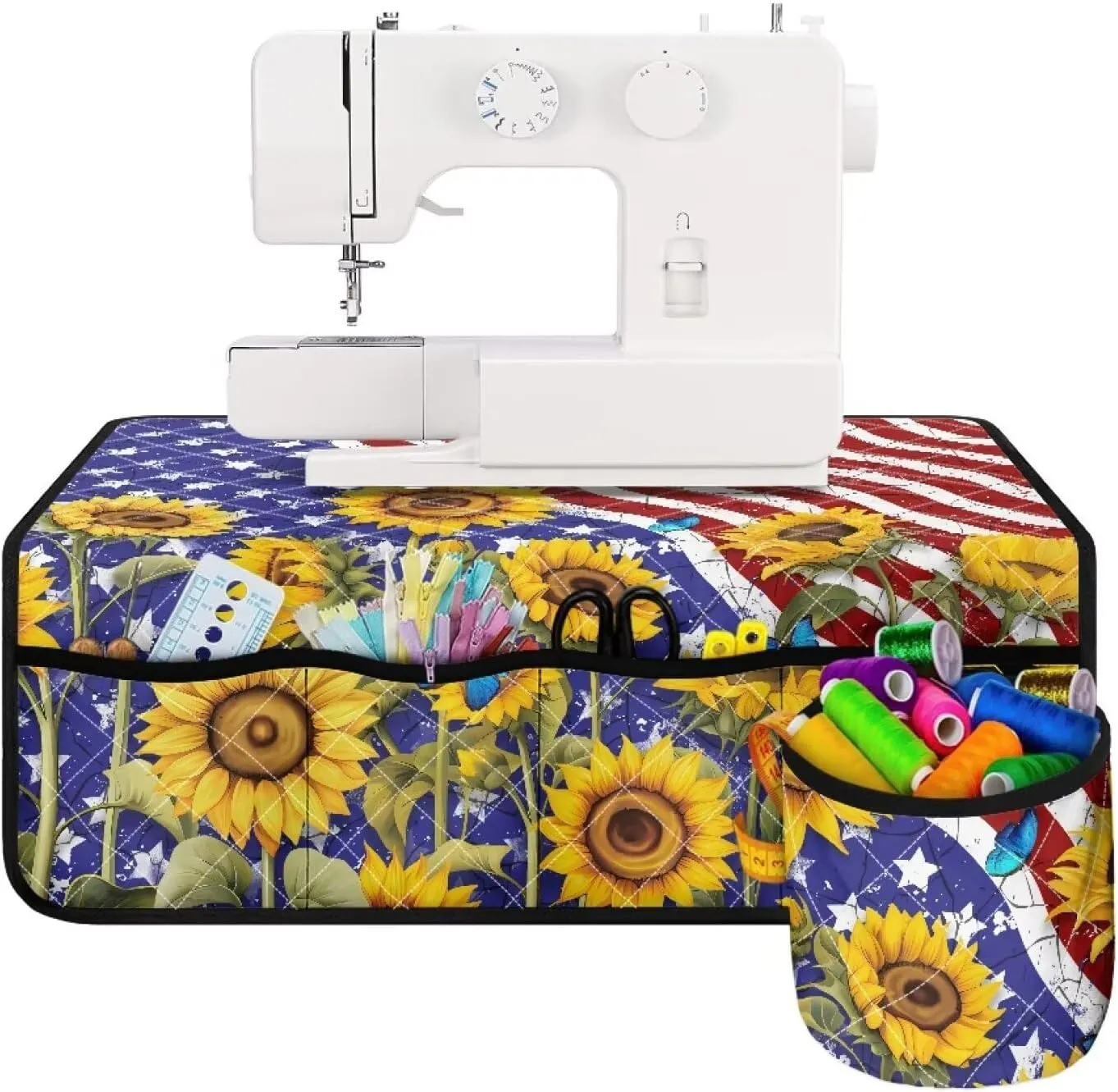 American Flag Sunflower Sewing Machine Pad for Table with Pockets Easy to Clean & Carry Cross Stitching Decorative Mat Fit for Standard Household Sewing Machine