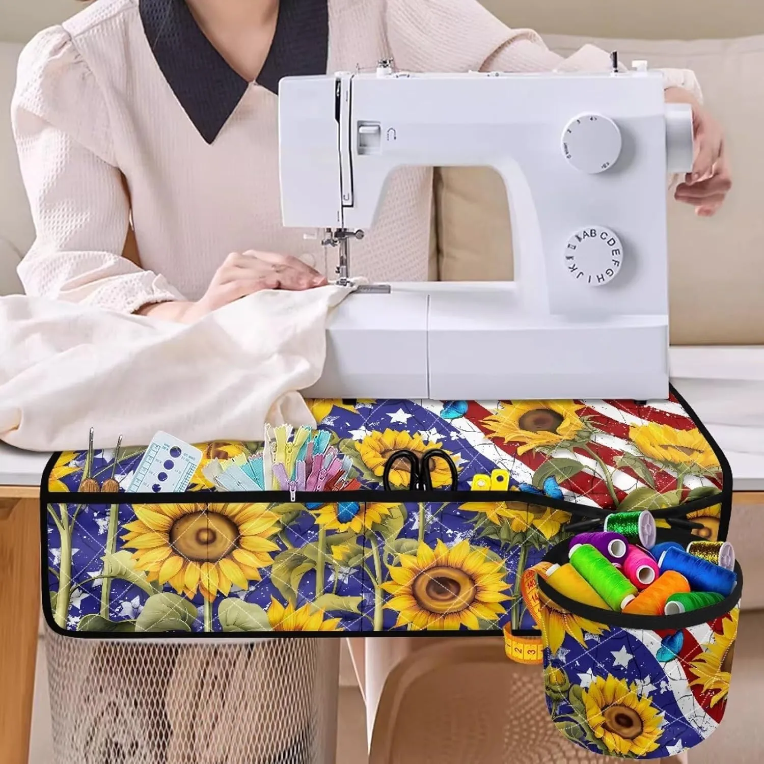 American Flag Sunflower Sewing Machine Pad for Table with Pockets Easy to Clean & Carry Cross Stitching Decorative Mat Fit for Standard Household Sewing Machine