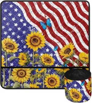 American Flag Sunflower Sewing Machine Pad for Table with Pockets Easy to Clean & Carry Cross Stitching Decorative Mat Fit for Standard Household Sewing Machine