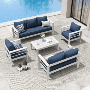 Amopatio Aluminum Patio Furniture, 8 Pieces Metal Outdoor Furniture Set, Outdoor Sectional Modern Sofa Sets with Coffee Table for Pool, Garden, White&Blue (Included Waterproof Covers)