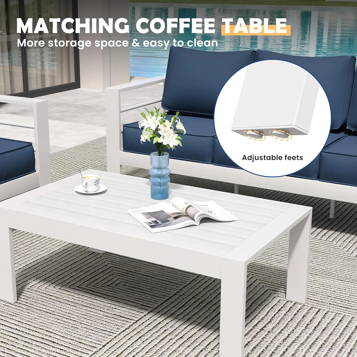 Amopatio Aluminum Patio Furniture, 8 Pieces Metal Outdoor Furniture Set, Outdoor Sectional Modern Sofa Sets with Coffee Table for Pool, Garden, White&Blue (Included Waterproof Covers)