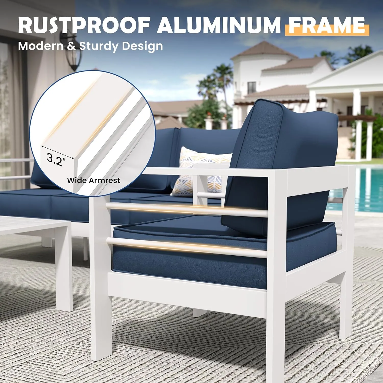Amopatio Aluminum Patio Furniture, 8 Pieces Metal Outdoor Furniture Set, Outdoor Sectional Modern Sofa Sets with Coffee Table for Pool, Garden, White&Blue (Included Waterproof Covers)