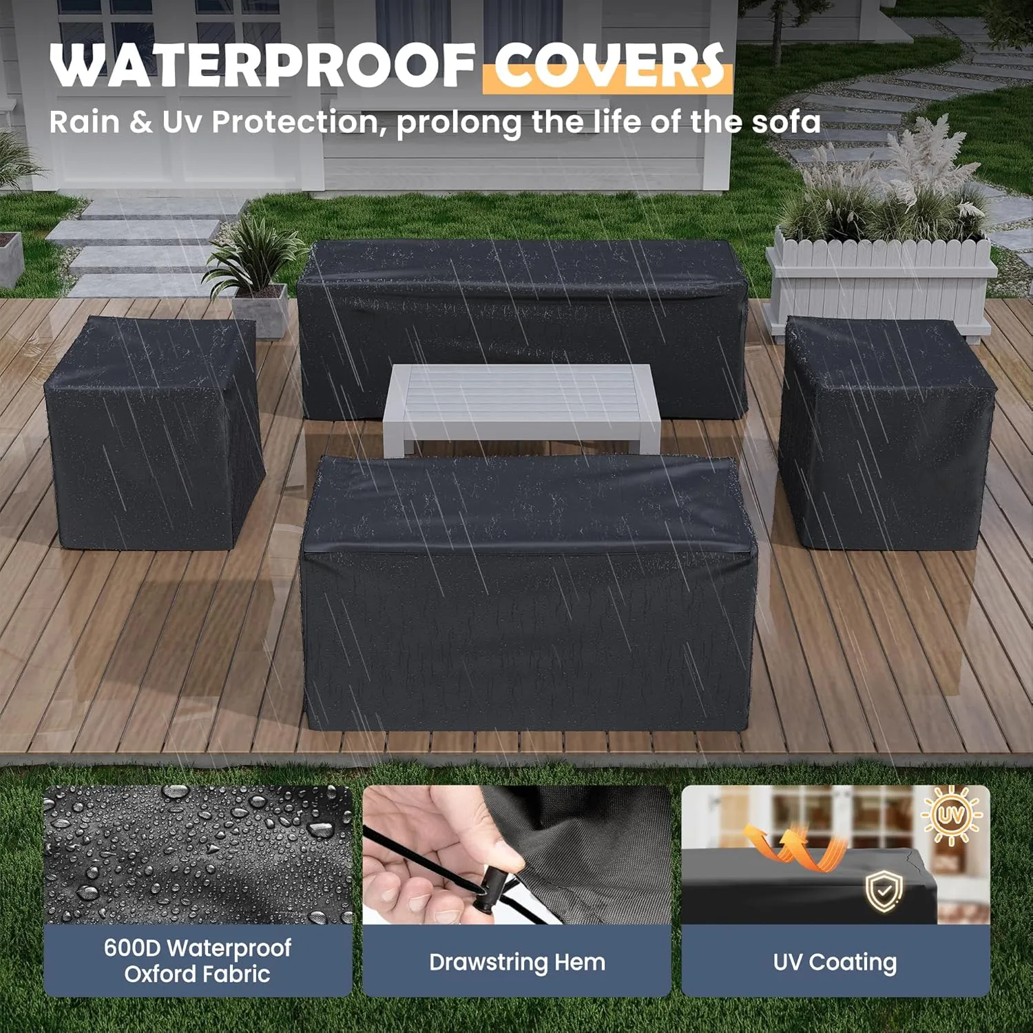 Amopatio Aluminum Patio Furniture, 8 Pieces Metal Outdoor Furniture Set, Outdoor Sectional Modern Sofa Sets with Coffee Table for Pool, Garden, White&Blue (Included Waterproof Covers)