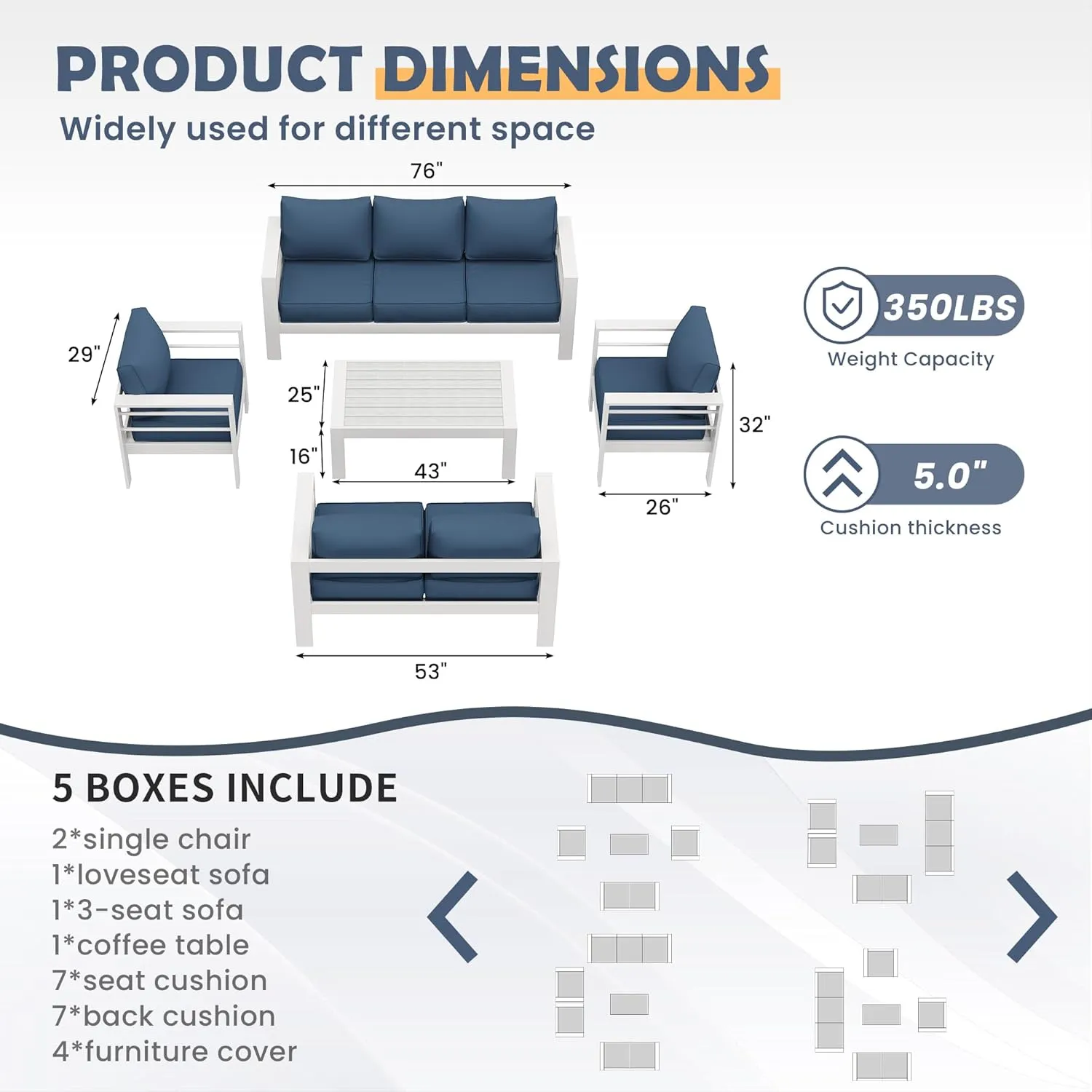 Amopatio Aluminum Patio Furniture, 8 Pieces Metal Outdoor Furniture Set, Outdoor Sectional Modern Sofa Sets with Coffee Table for Pool, Garden, White&Blue (Included Waterproof Covers)