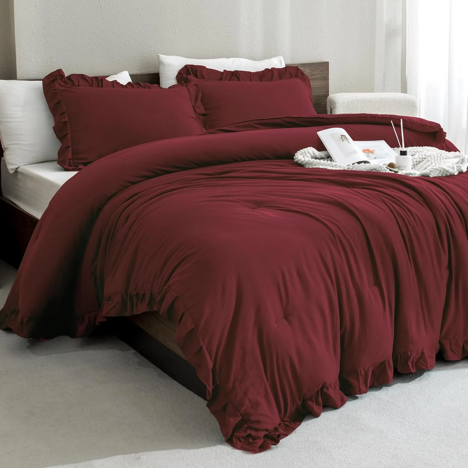 Andency Burgundy Comforter Set Full Size, 3 Pieces Solid Ruffle Shabby Chic Bedding Comforter Sets, All Season Lightweight Fluffy Soft Microfiber Bedding Set (79x90 Comforter & 2 Pillowcases)