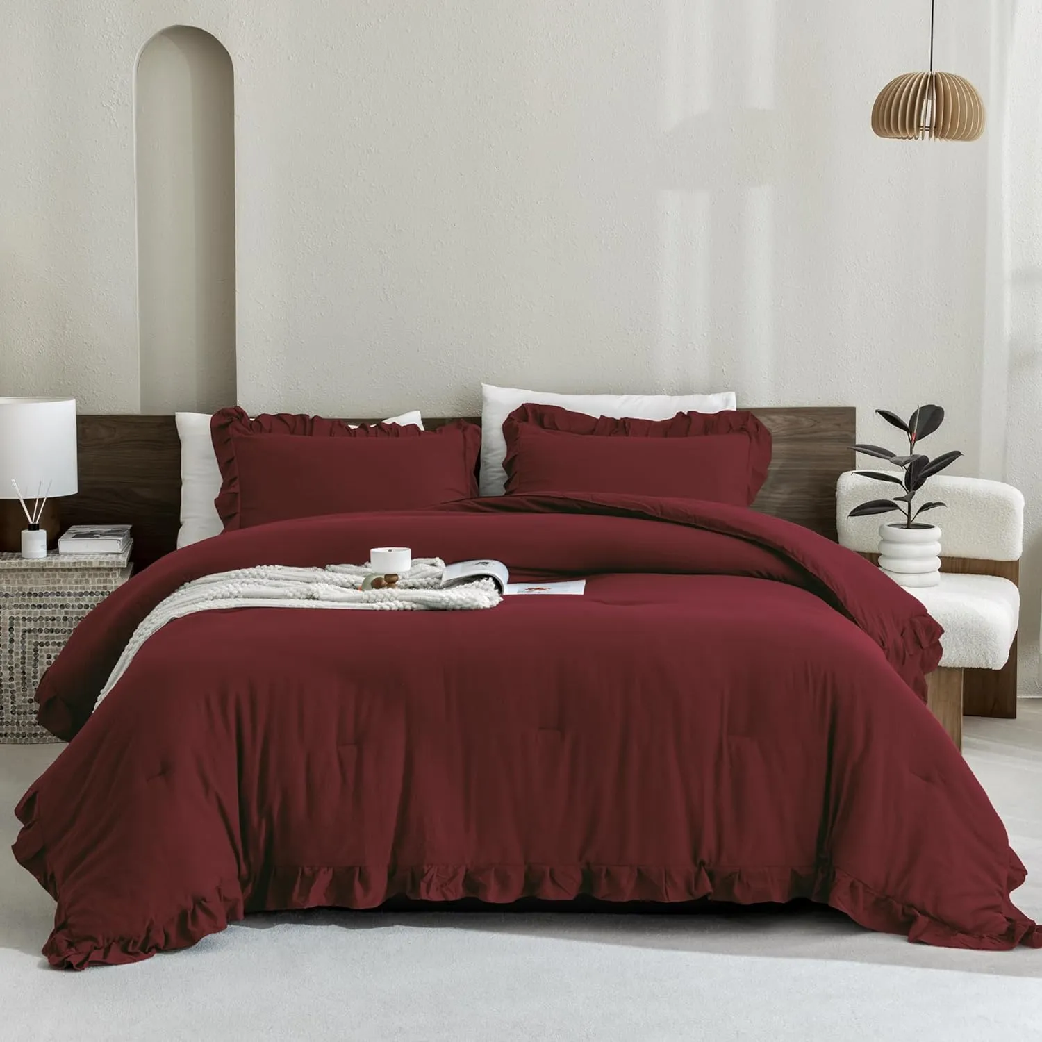 Andency Burgundy Comforter Set Full Size, 3 Pieces Solid Ruffle Shabby Chic Bedding Comforter Sets, All Season Lightweight Fluffy Soft Microfiber Bedding Set (79x90 Comforter & 2 Pillowcases)