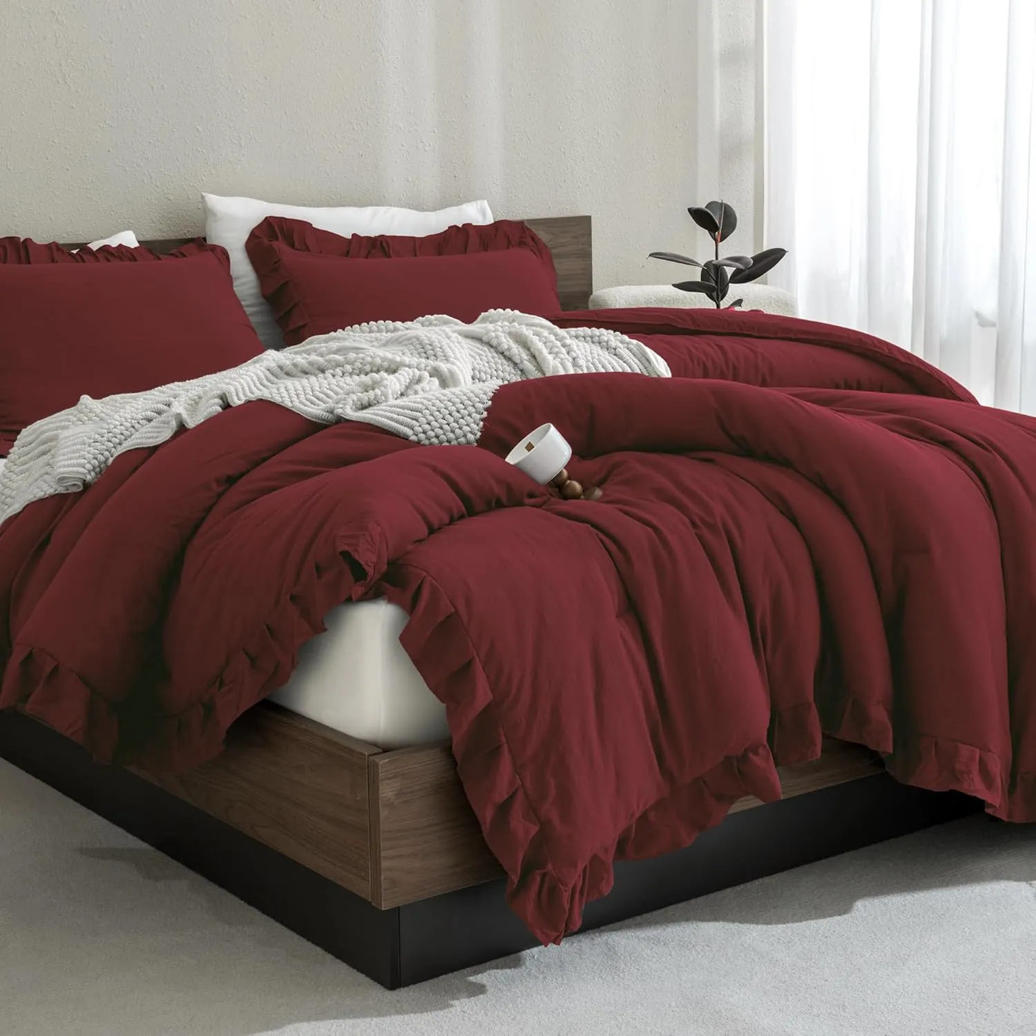 Andency Burgundy Comforter Set Full Size, 3 Pieces Solid Ruffle Shabby Chic Bedding Comforter Sets, All Season Lightweight Fluffy Soft Microfiber Bedding Set (79x90 Comforter & 2 Pillowcases)
