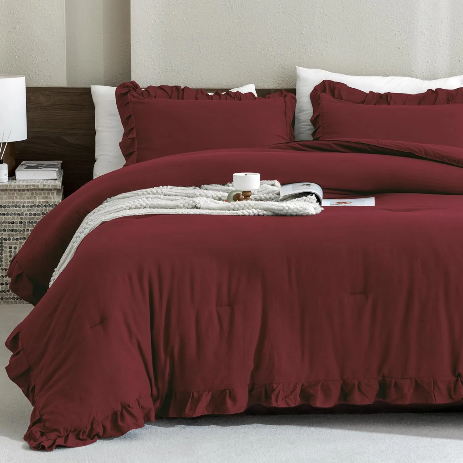 Andency Burgundy Comforter Set Full Size, 3 Pieces Solid Ruffle Shabby Chic Bedding Comforter Sets, All Season Lightweight Fluffy Soft Microfiber Bedding Set (79x90 Comforter & 2 Pillowcases)