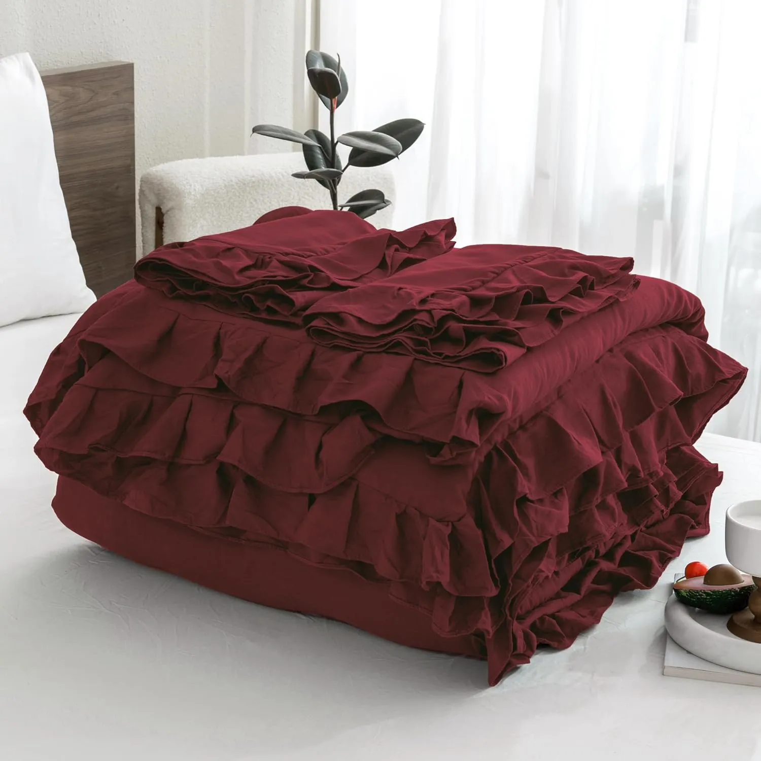 Andency Burgundy Comforter Set Full Size, 3 Pieces Solid Ruffle Shabby Chic Bedding Comforter Sets, All Season Lightweight Fluffy Soft Microfiber Bedding Set (79x90 Comforter & 2 Pillowcases)