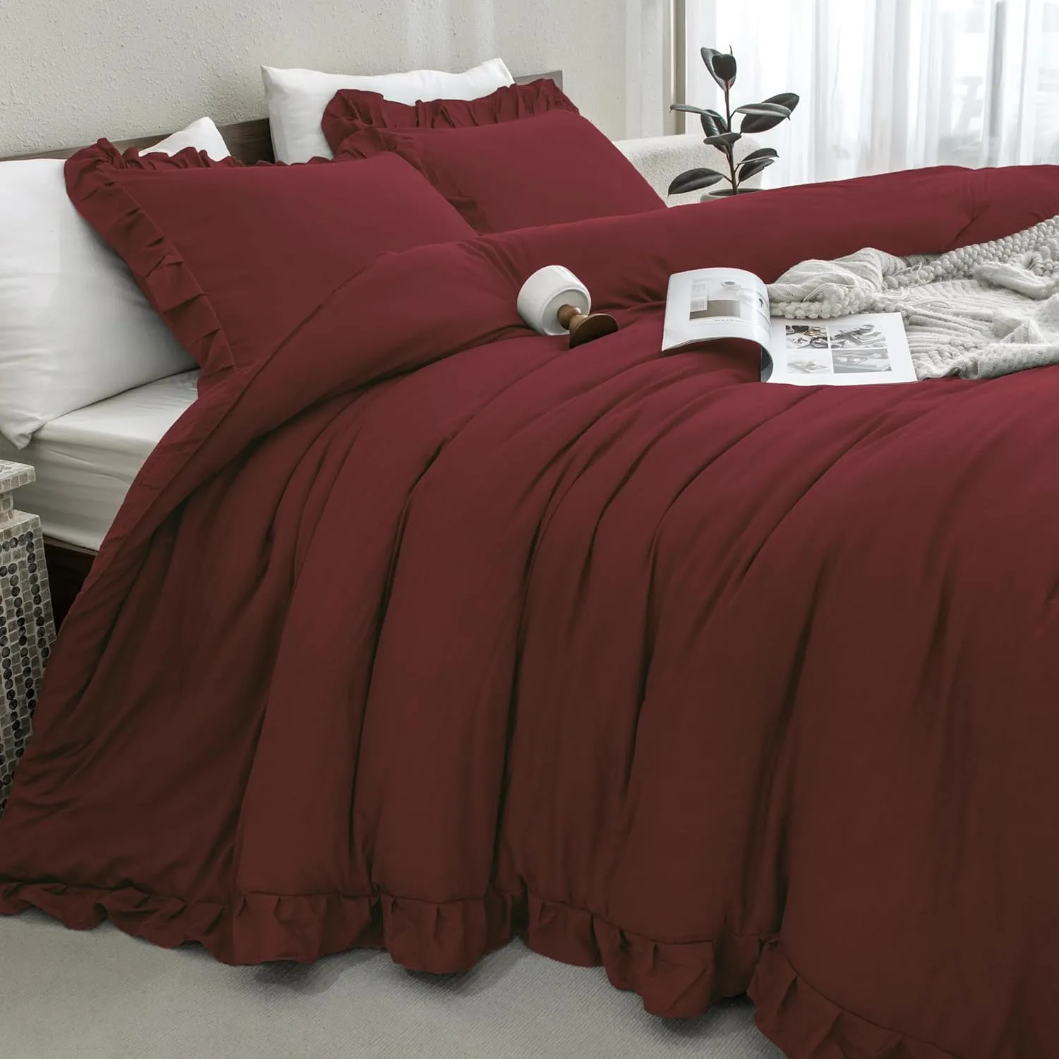 Andency Burgundy Comforter Set Full Size, 3 Pieces Solid Ruffle Shabby Chic Bedding Comforter Sets, All Season Lightweight Fluffy Soft Microfiber Bedding Set (79x90 Comforter & 2 Pillowcases)