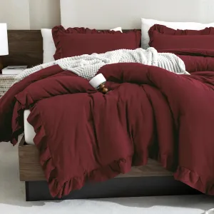 Andency Burgundy Comforter Set Full Size, 3 Pieces Solid Ruffle Shabby Chic Bedding Comforter Sets, All Season Lightweight Fluffy Soft Microfiber Bedding Set (79x90 Comforter & 2 Pillowcases)