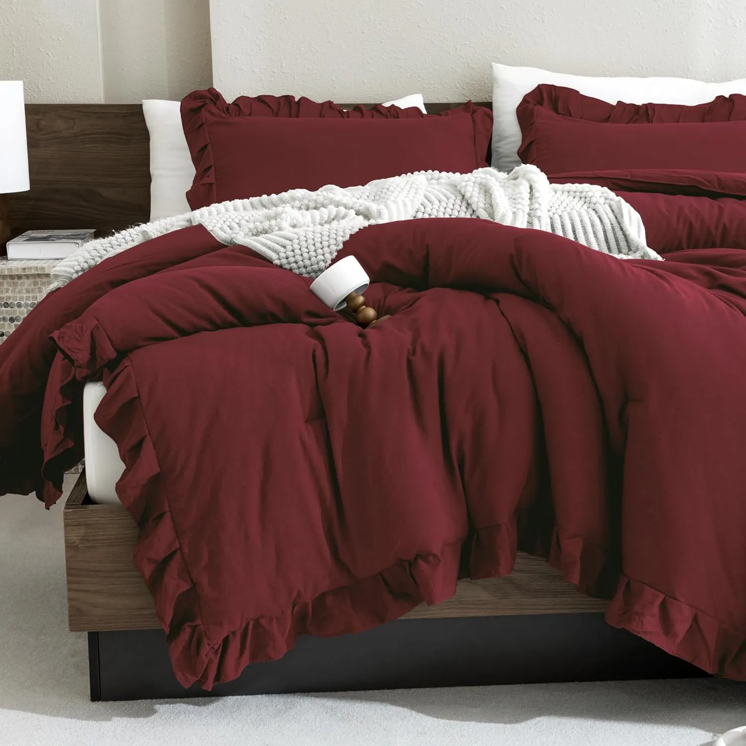 Andency Burgundy Comforter Set Full Size, 3 Pieces Solid Ruffle Shabby Chic Bedding Comforter Sets, All Season Lightweight Fluffy Soft Microfiber Bedding Set (79x90 Comforter & 2 Pillowcases)
