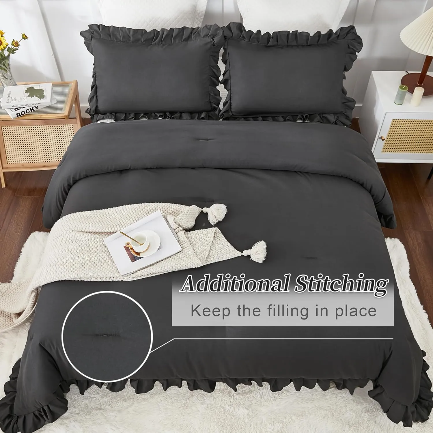 Andency Dark Gray Comforter Set Full, 3 Pieces Full Bed Solid Bedding Comforters & Sets, (1 Ruffle Comforter and 2 Pillowcases) All Season Lightweight Fluffy Soft Microfiber Bedding Set(79x90Inch)