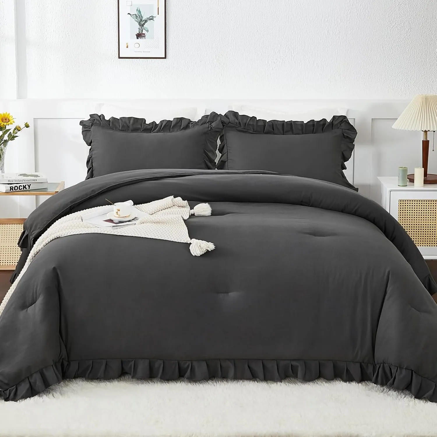 Andency Dark Gray Comforter Set Full, 3 Pieces Full Bed Solid Bedding Comforters & Sets, (1 Ruffle Comforter and 2 Pillowcases) All Season Lightweight Fluffy Soft Microfiber Bedding Set(79x90Inch)