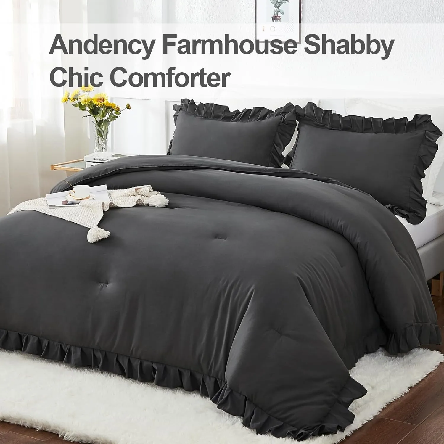 Andency Dark Gray Comforter Set Full, 3 Pieces Full Bed Solid Bedding Comforters & Sets, (1 Ruffle Comforter and 2 Pillowcases) All Season Lightweight Fluffy Soft Microfiber Bedding Set(79x90Inch)