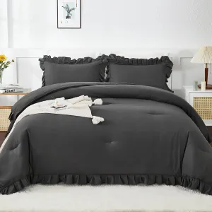 Andency Dark Gray Comforter Set Full, 3 Pieces Full Bed Solid Bedding Comforters & Sets, (1 Ruffle Comforter and 2 Pillowcases) All Season Lightweight Fluffy Soft Microfiber Bedding Set(79x90Inch)