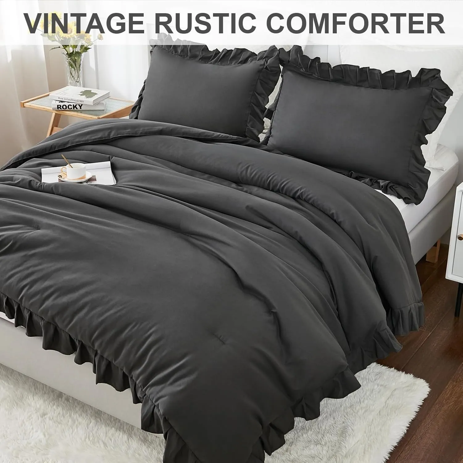 Andency Dark Gray Comforter Set Full, 3 Pieces Full Bed Solid Bedding Comforters & Sets, (1 Ruffle Comforter and 2 Pillowcases) All Season Lightweight Fluffy Soft Microfiber Bedding Set(79x90Inch)