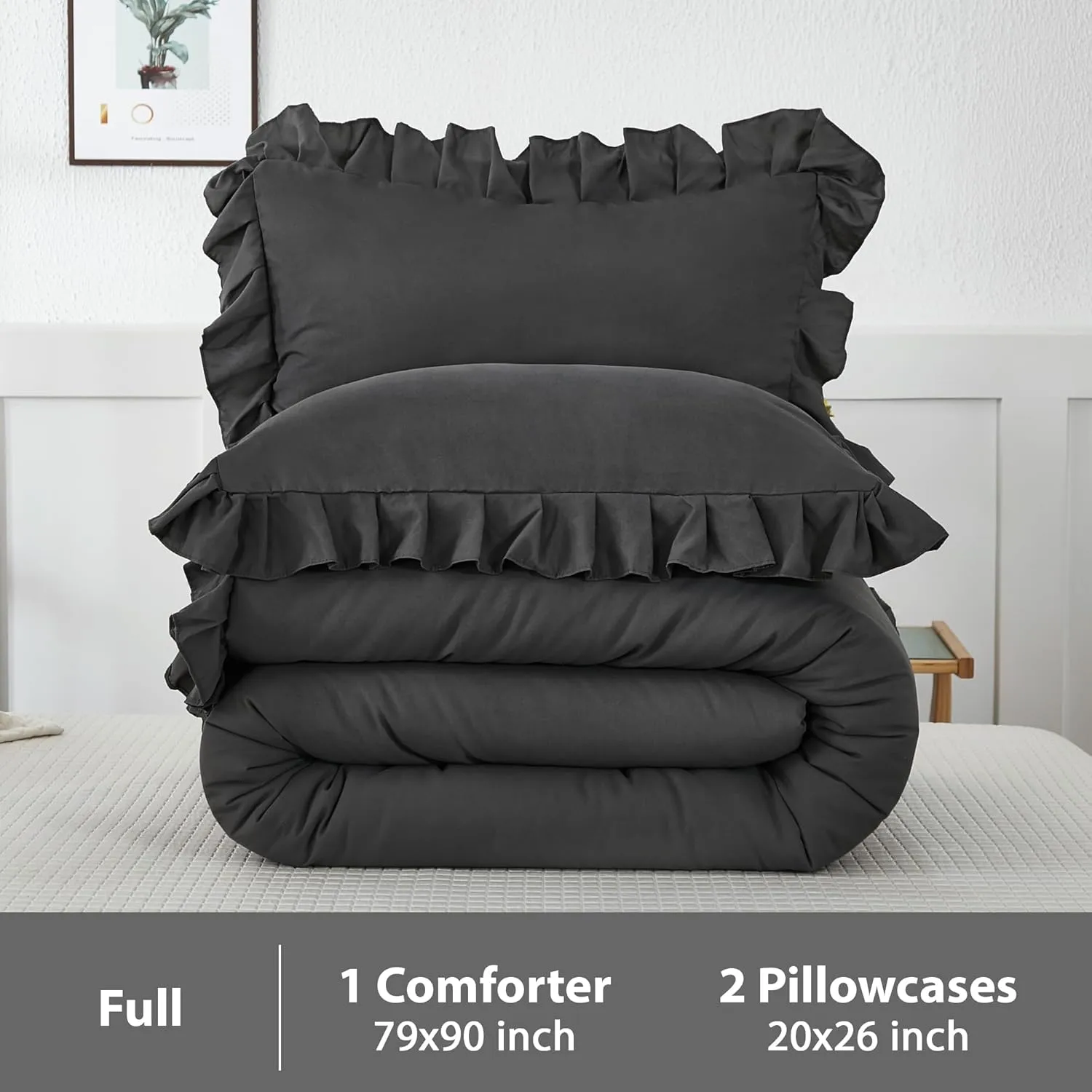 Andency Dark Gray Comforter Set Full, 3 Pieces Full Bed Solid Bedding Comforters & Sets, (1 Ruffle Comforter and 2 Pillowcases) All Season Lightweight Fluffy Soft Microfiber Bedding Set(79x90Inch)
