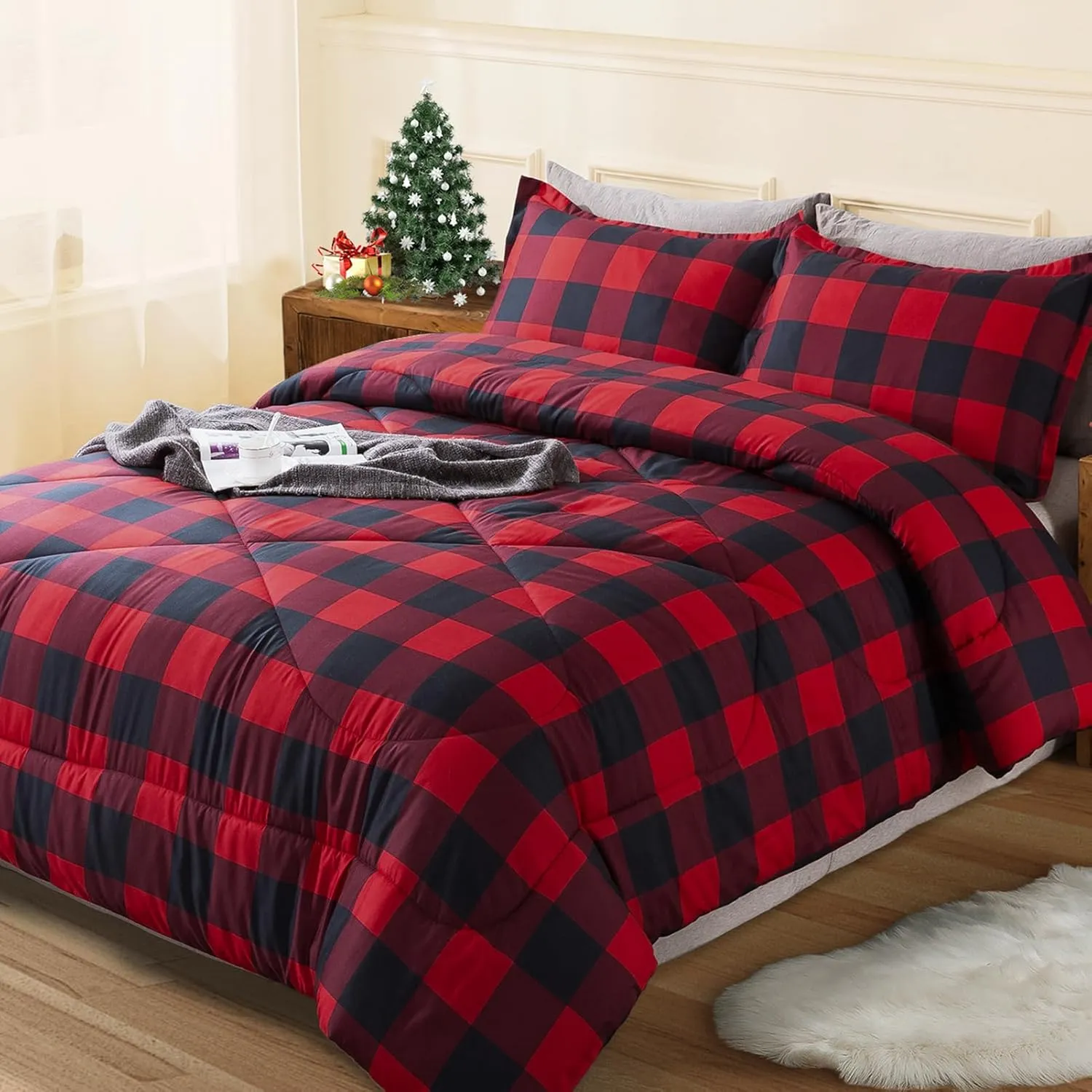 Andency Red Burgundy Black Buffalo Checkered Comforter Set Queen(90x90Inch), 3 Pieces (1 Plaid Comforter and 2 Pillowcases), Lightweight Microfiber Geometric Plaid Comforter Bedding Set