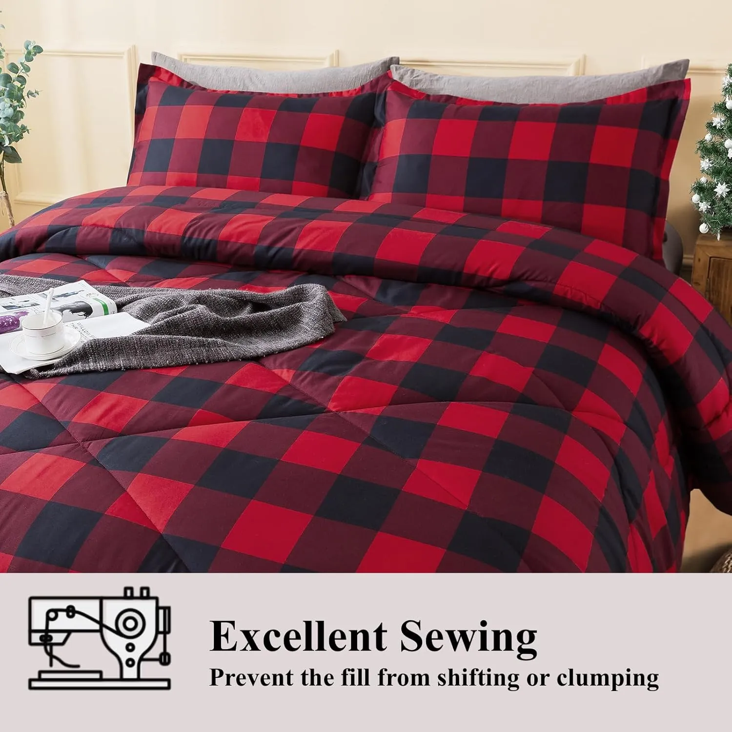 Andency Red Burgundy Black Buffalo Checkered Comforter Set Queen(90x90Inch), 3 Pieces (1 Plaid Comforter and 2 Pillowcases), Lightweight Microfiber Geometric Plaid Comforter Bedding Set