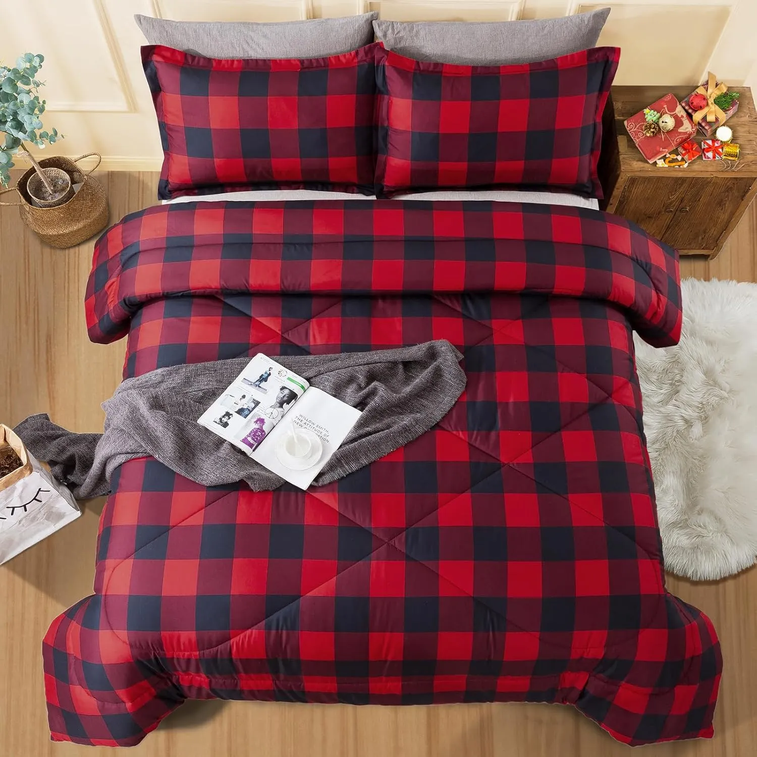 Andency Red Burgundy Black Buffalo Checkered Comforter Set Queen(90x90Inch), 3 Pieces (1 Plaid Comforter and 2 Pillowcases), Lightweight Microfiber Geometric Plaid Comforter Bedding Set