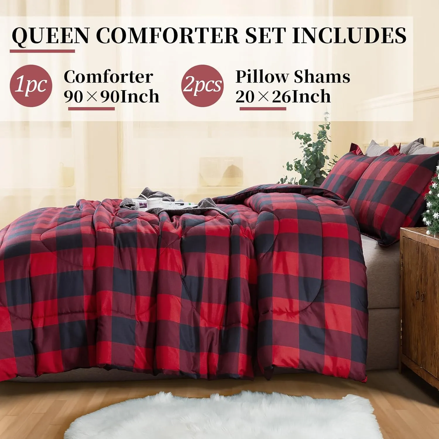 Andency Red Burgundy Black Buffalo Checkered Comforter Set Queen(90x90Inch), 3 Pieces (1 Plaid Comforter and 2 Pillowcases), Lightweight Microfiber Geometric Plaid Comforter Bedding Set