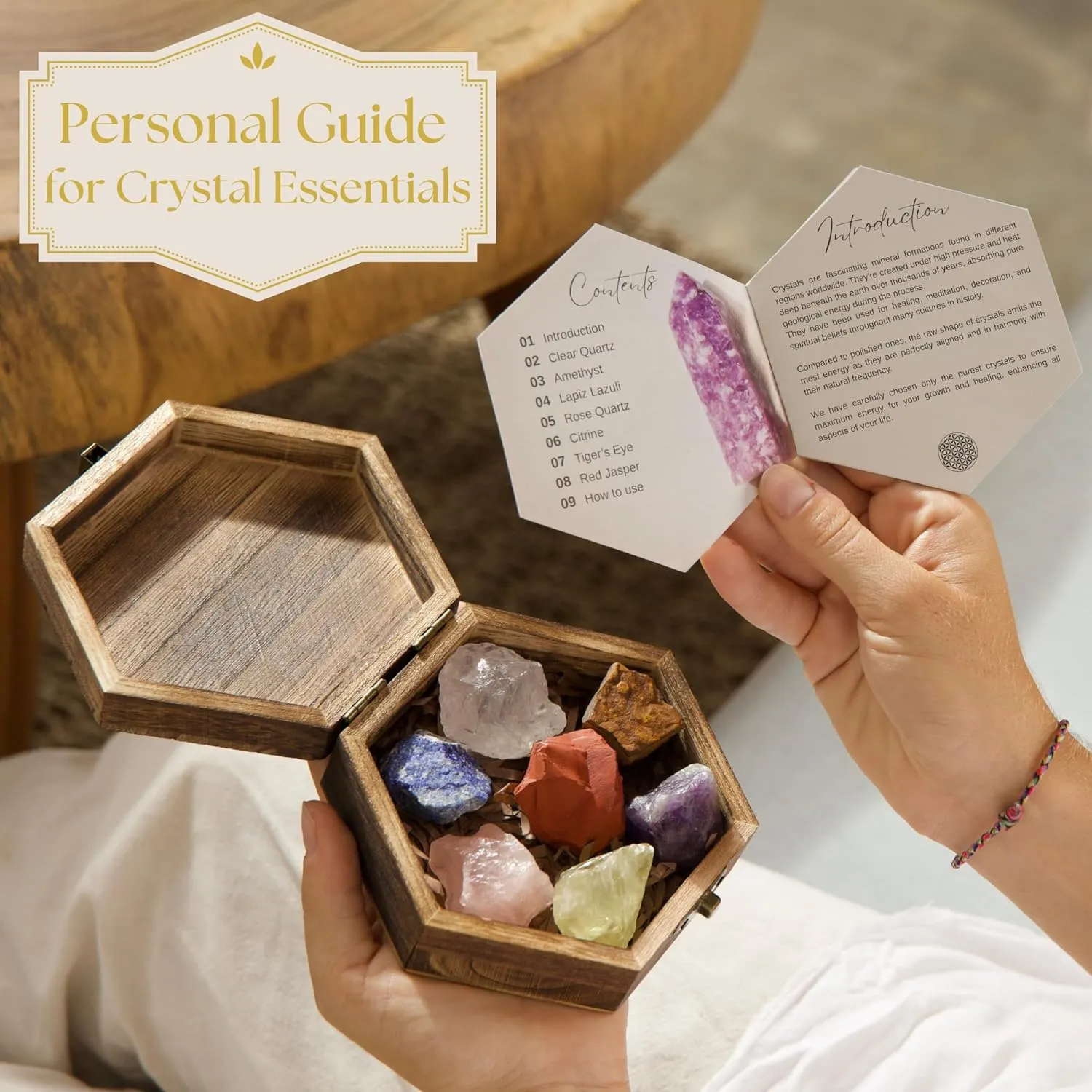 Anima Premium 7 Chakras Crystals and Healing Stones with Guide Booklet – Large Raw Crystals and Stones Set Including Rose Quartz, Amethyst, and Lapis Lazuli in Wooden Box - for Healing and Protection