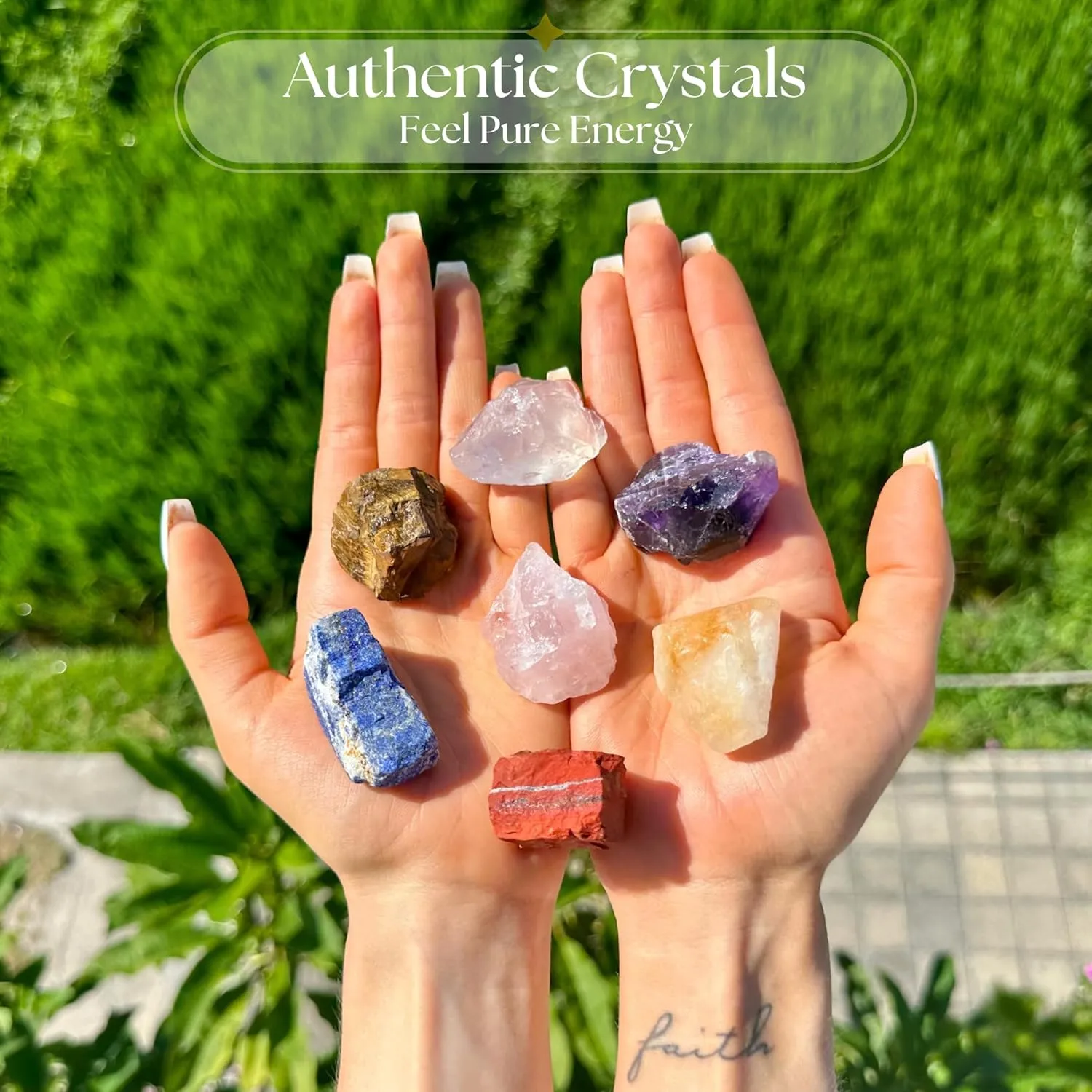 Anima Premium 7 Chakras Crystals and Healing Stones with Guide Booklet – Large Raw Crystals and Stones Set Including Rose Quartz, Amethyst, and Lapis Lazuli in Wooden Box - for Healing and Protection