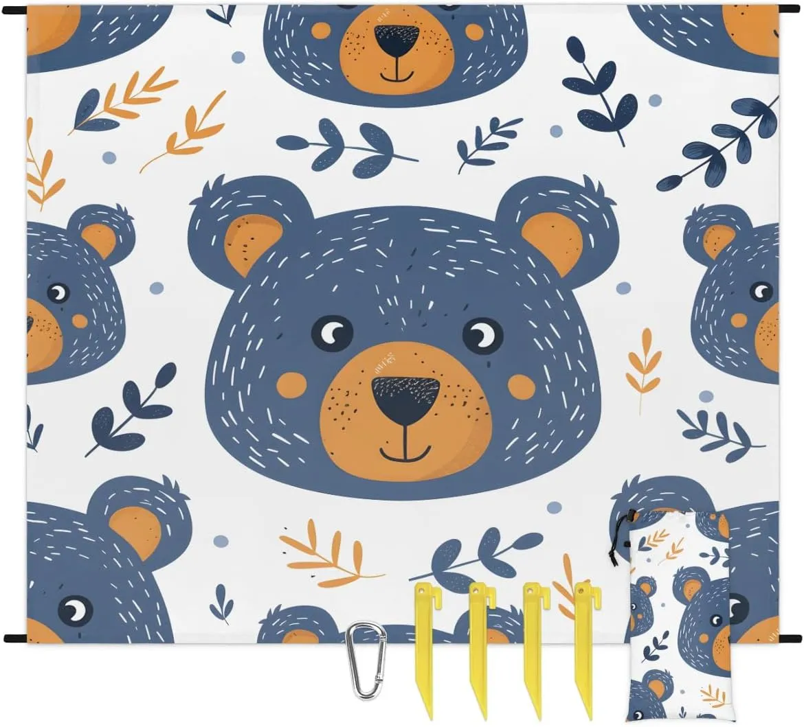 Animals Blue Bears Lightweight Beach Blanket Waterproof Sandproof 59"X68" Sand Free Beach Mat with 4 Stakes Compact Outdoor Blanket for Beach Quick Drying Picnic Mat for Travel Camping