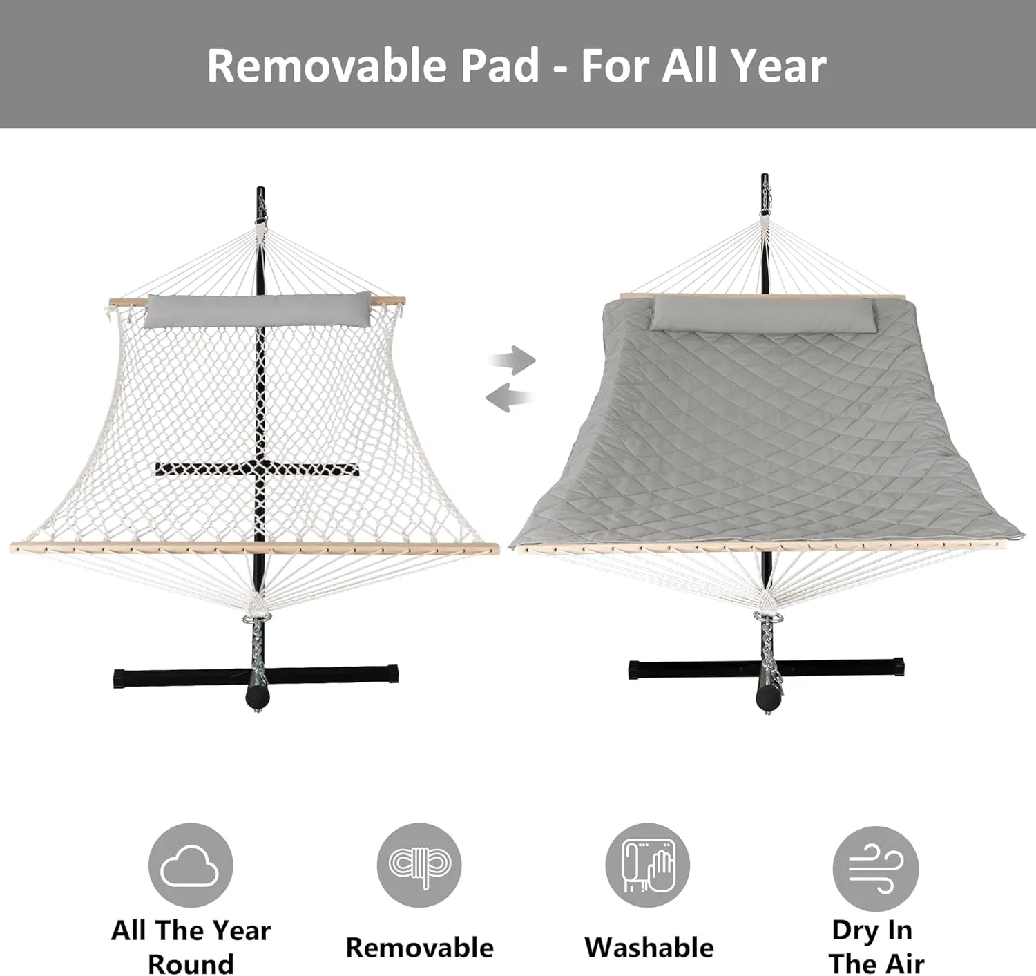 ANOW Double Rope Hammock with Stand 12FT, Heavy Duty Hammock with Polyester Pillow and Pad, 450 LBS Weight Capacity, Light Grey
