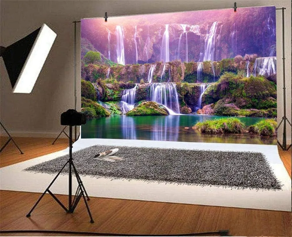 AOFOTO 8x6ft China Waterfalls Backdrop Beautiful Scenery Spot Yunnan Cascade Falls Nature Park Mountain Stone Waterfall Landscape Background for Photography Travel Photo Studio Props Polyester