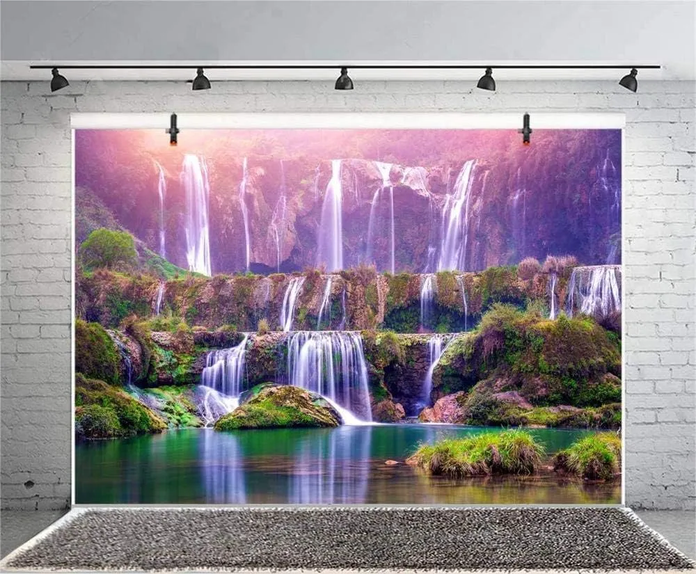 AOFOTO 8x6ft China Waterfalls Backdrop Beautiful Scenery Spot Yunnan Cascade Falls Nature Park Mountain Stone Waterfall Landscape Background for Photography Travel Photo Studio Props Polyester