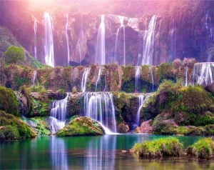 AOFOTO 8x6ft China Waterfalls Backdrop Beautiful Scenery Spot Yunnan Cascade Falls Nature Park Mountain Stone Waterfall Landscape Background for Photography Travel Photo Studio Props Polyester