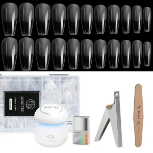 Aokitec Fake Nail Tips Nail Gel Kit,Gel x Nail Kit 4 in 1 Nail Glue Gel, Mini UV LED Nail Lamp, 504 Pcs Coffin Nail,with Nail clipper&file, Nail Art DIY Kit