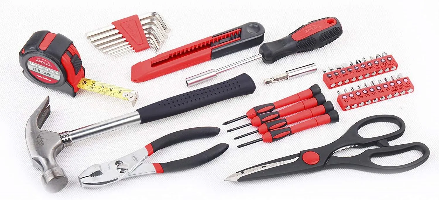 Apollo Tools Original 39 Piece General Household Tool Set in Toolbox Storage Case with Essential Hand Tools for Everyday Home Repairs, DIY and Crafts Red/Black - DT9706